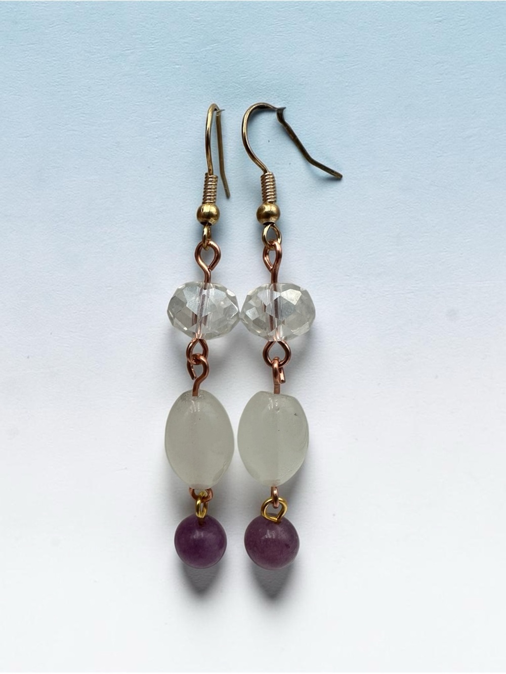 Amethyst White Beads Crystal Dangle Earrings Handmade Gold Copper Wire Jewelry